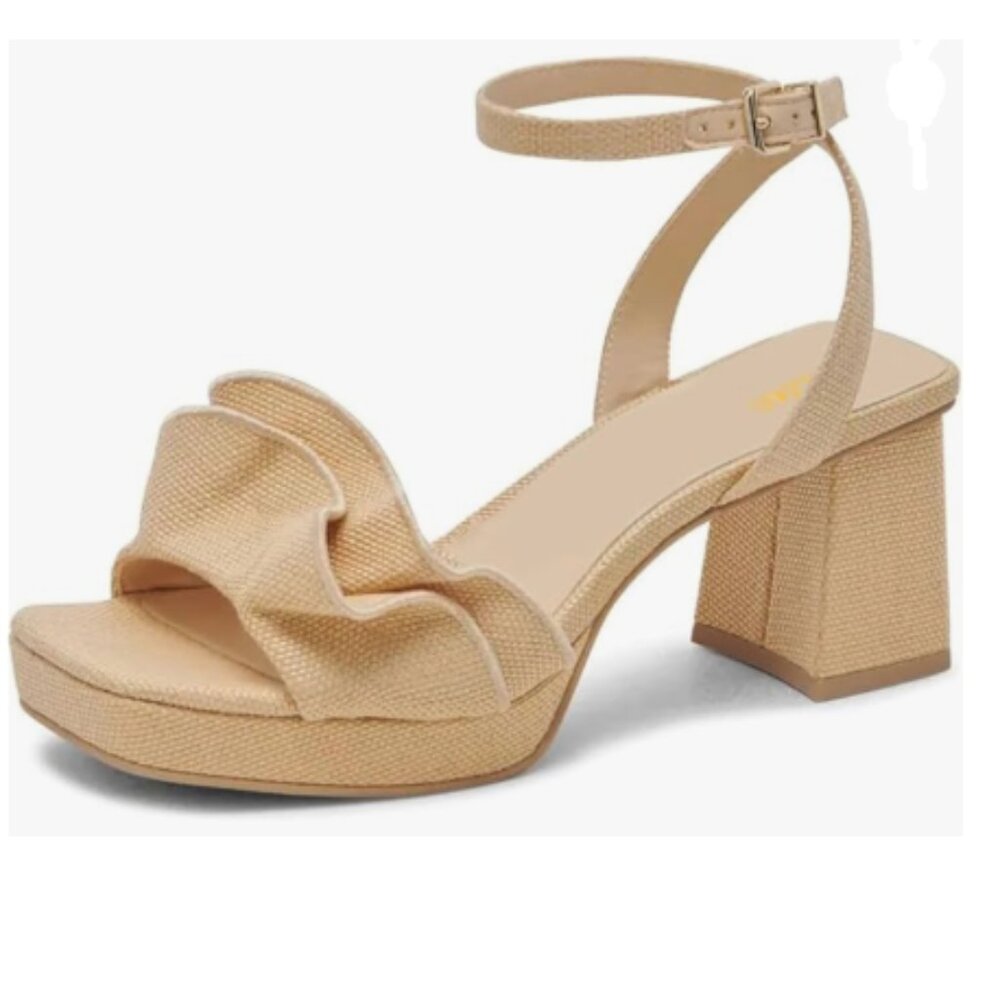 Pazzion Khaki Platform Square Toe Pleated Ruffle Block High Heel Strap Sandal